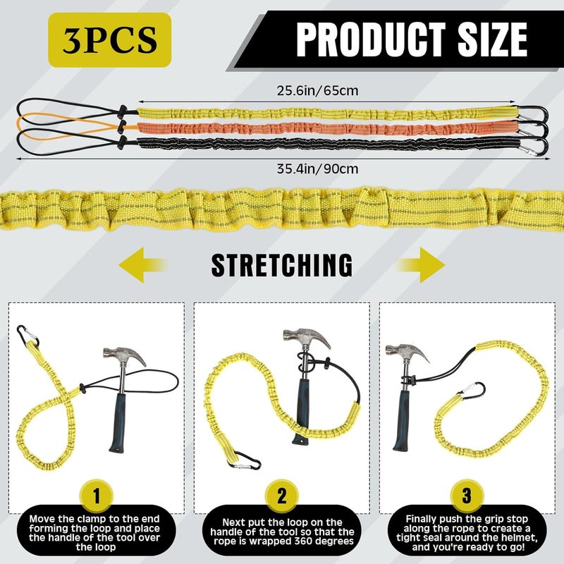 LEIFIDE 3 Pcs Tool Lanyard with Aluminum Screw Lock Buckle Retractable Bungee Cord 17.6lb 8kg Tough Adjustable Tether Tool Harness Fall Protection Tether for Construction(Black, Yellow, Orange) - Image 2